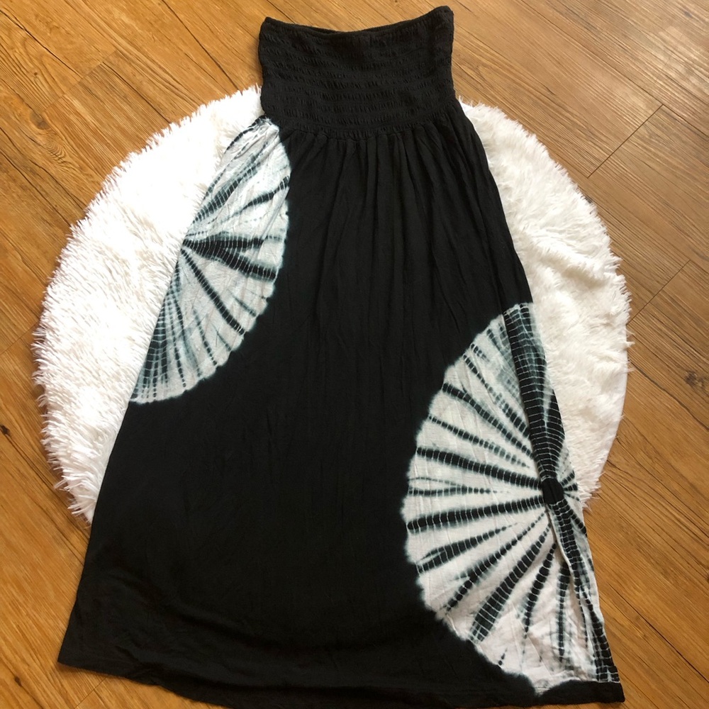 StyleWorks Black and White Tie Dye Bandeau Strapless Maxi Dress - Picture 5 of 11